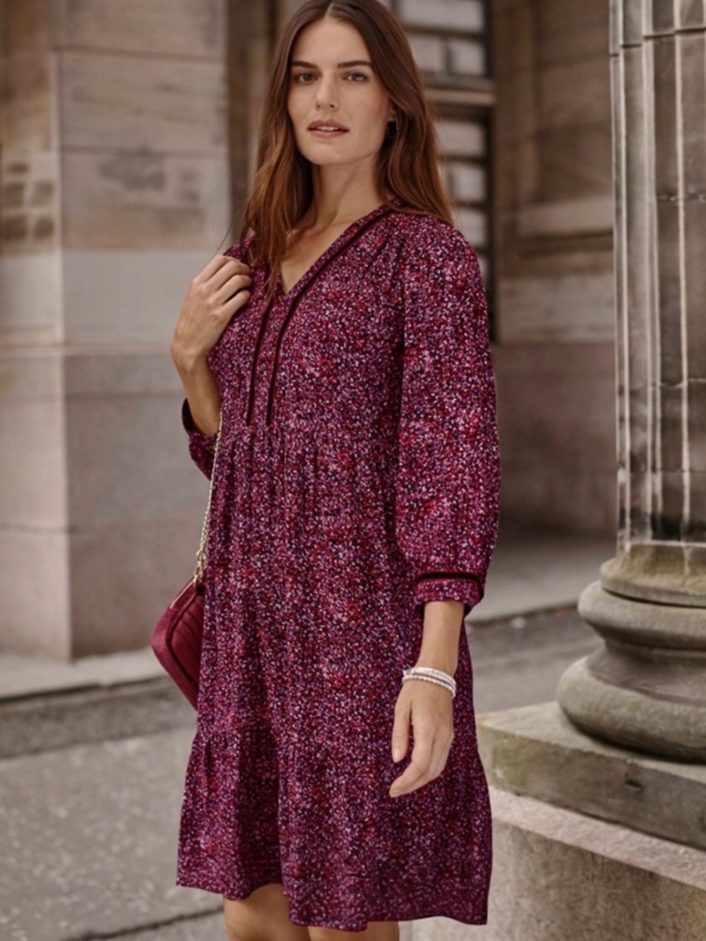 NWT J Jill Strawberry Delicate Petals Floral Tunic Dress XSP Velvet Trim Boho